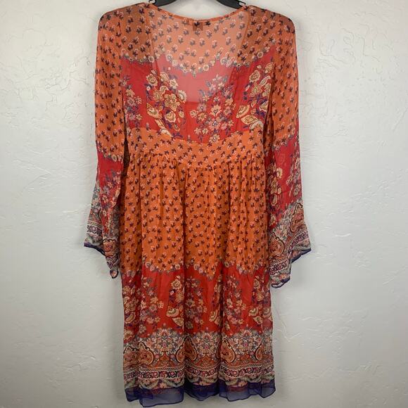 Vtg Y2K ECI New York Silk Dress Womens Sz 14 Orange Red V-Neck Long Sleeve Boho - Picture 2 of 9